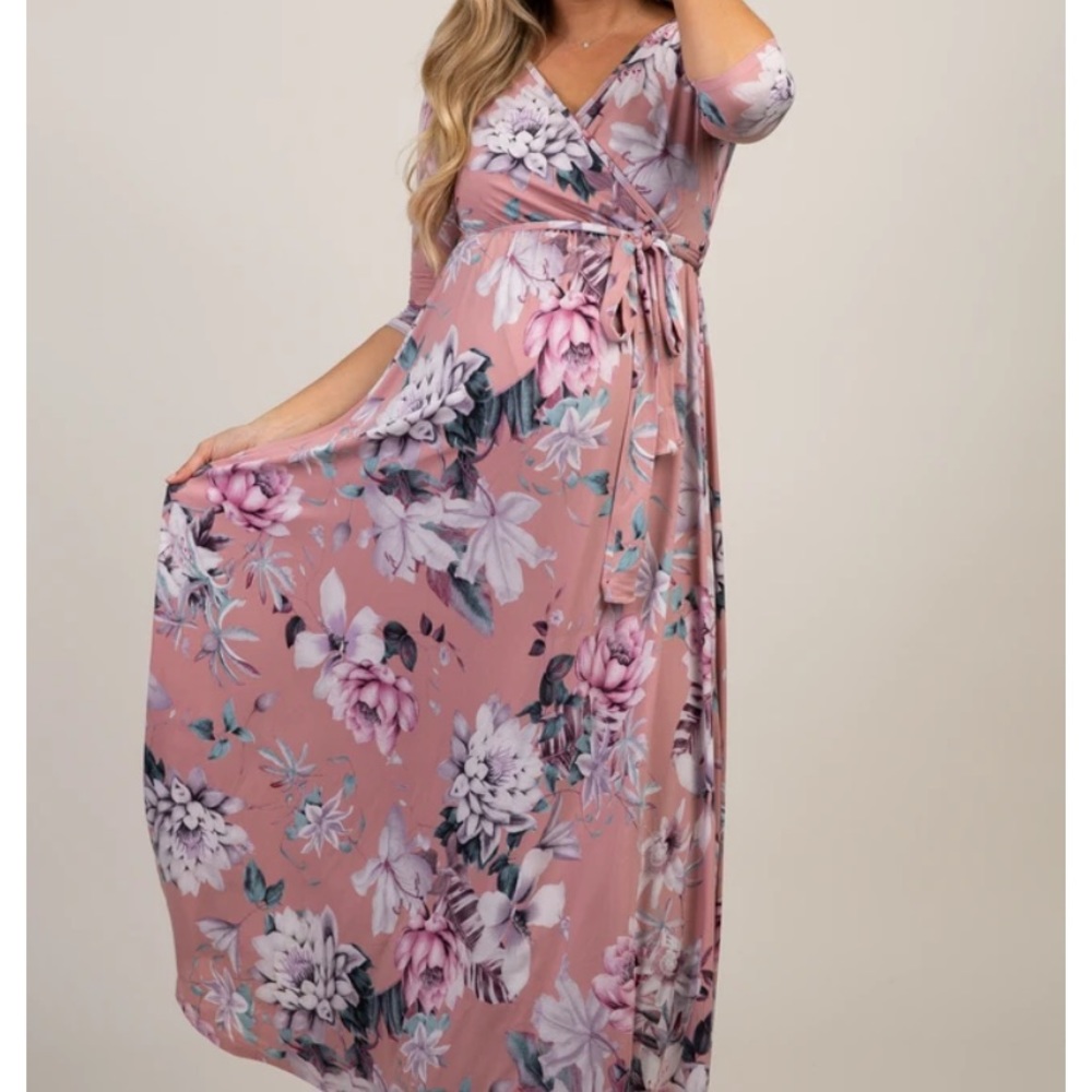 Pink Blush Belted Maternity Maxi Dress nude floral